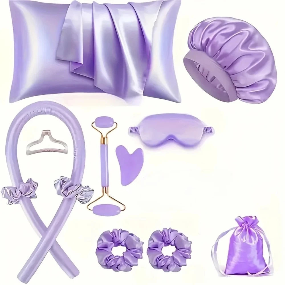 4/12 Teiliges Styling Set mit hitzfreiem Sidenlockenstab, Schlafmaske und Duschhaube für Frauen und Mädchen Beauty Set für unterwegs Haarstyle Werkzeug