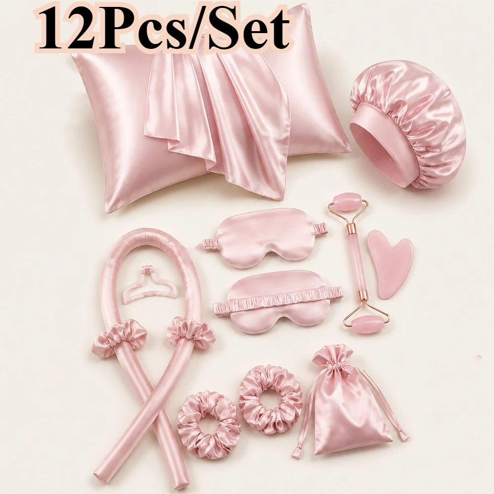 4/12 Teiliges Styling Set mit hitzfreiem Sidenlockenstab, Schlafmaske und Duschhaube für Frauen und Mädchen Beauty Set für unterwegs Haarstyle Werkzeug