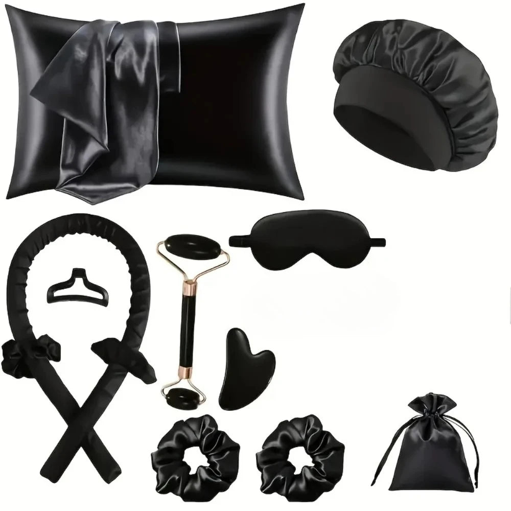 4/12 Teiliges Styling Set mit hitzfreiem Sidenlockenstab, Schlafmaske und Duschhaube für Frauen und Mädchen Beauty Set für unterwegs Haarstyle Werkzeug