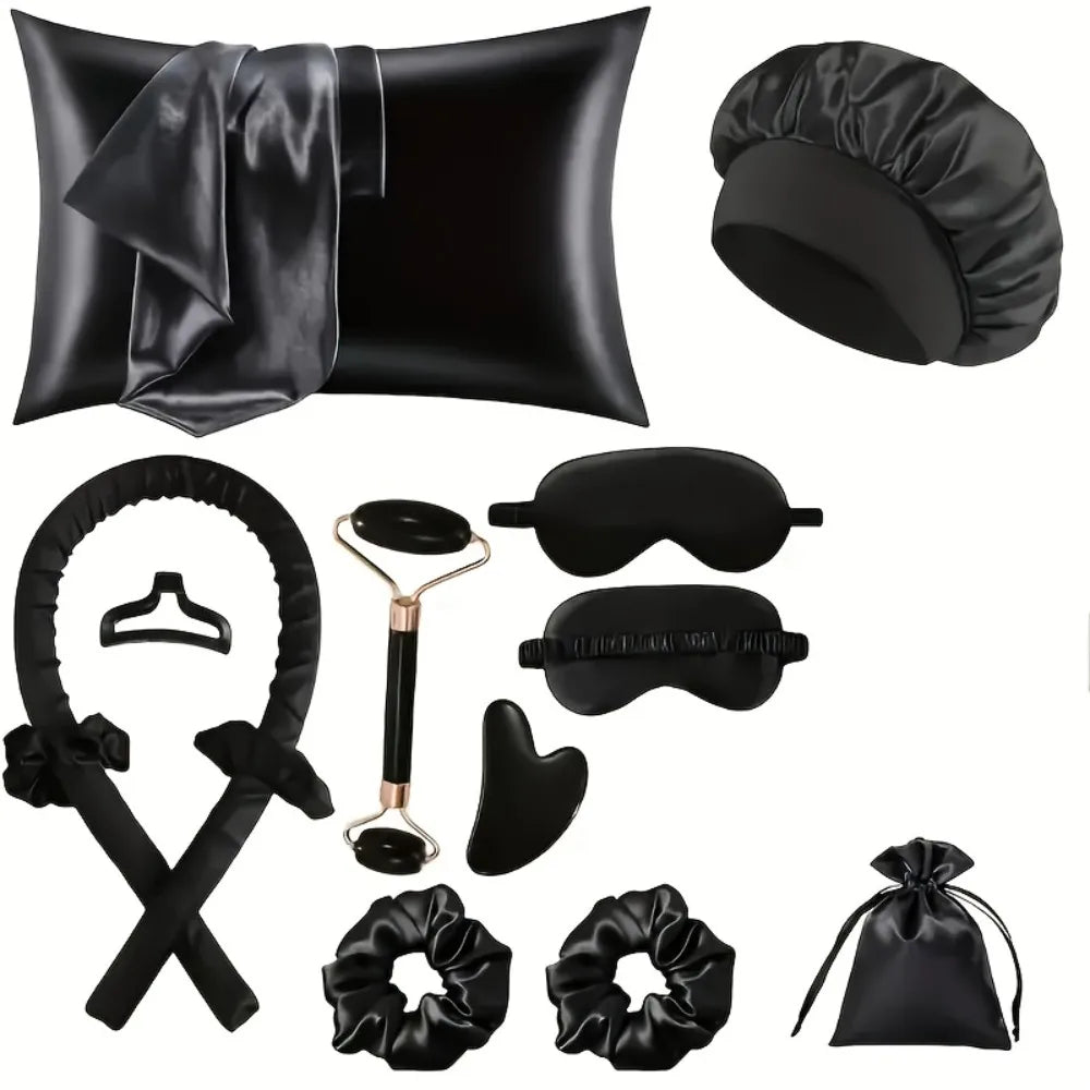 4/12 Teiliges Styling Set mit hitzfreiem Sidenlockenstab, Schlafmaske und Duschhaube für Frauen und Mädchen Beauty Set für unterwegs Haarstyle Werkzeug
