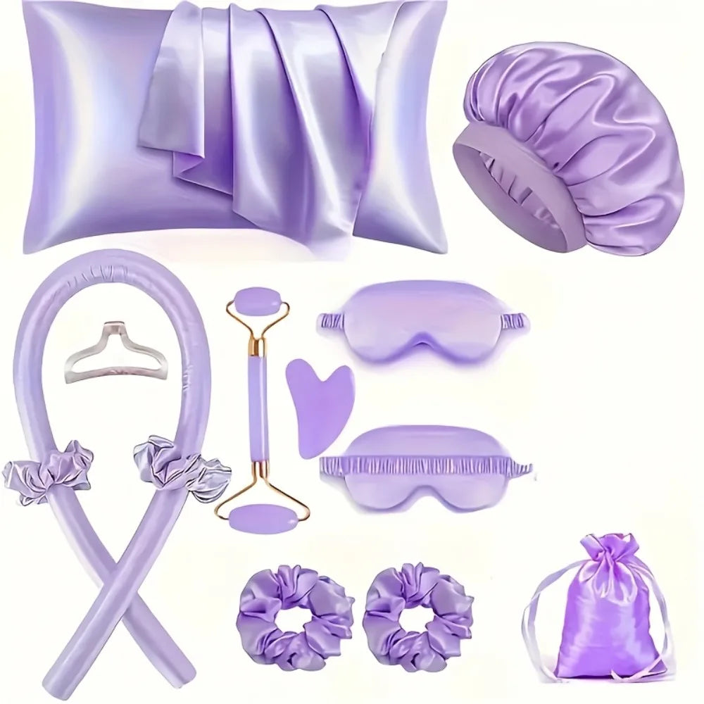 4/12 Teiliges Styling Set mit hitzfreiem Sidenlockenstab, Schlafmaske und Duschhaube für Frauen und Mädchen Beauty Set für unterwegs Haarstyle Werkzeug