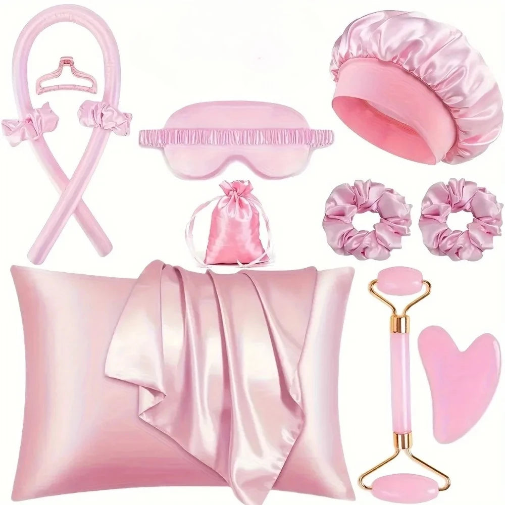4/12 Teiliges Styling Set mit hitzfreiem Sidenlockenstab, Schlafmaske und Duschhaube für Frauen und Mädchen Beauty Set für unterwegs Haarstyle Werkzeug