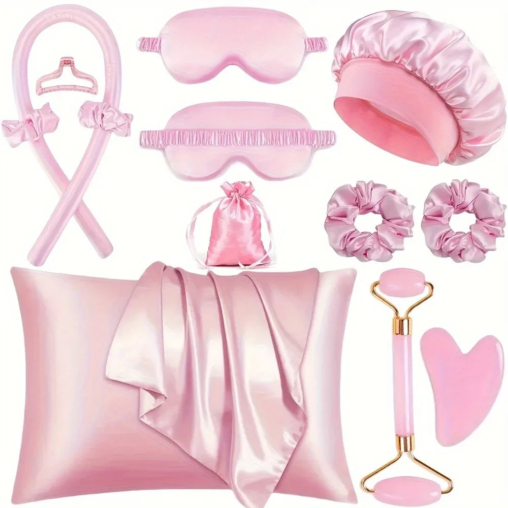4/12 Teiliges Styling Set mit hitzfreiem Sidenlockenstab, Schlafmaske und Duschhaube für Frauen und Mädchen Beauty Set für unterwegs Haarstyle Werkzeug